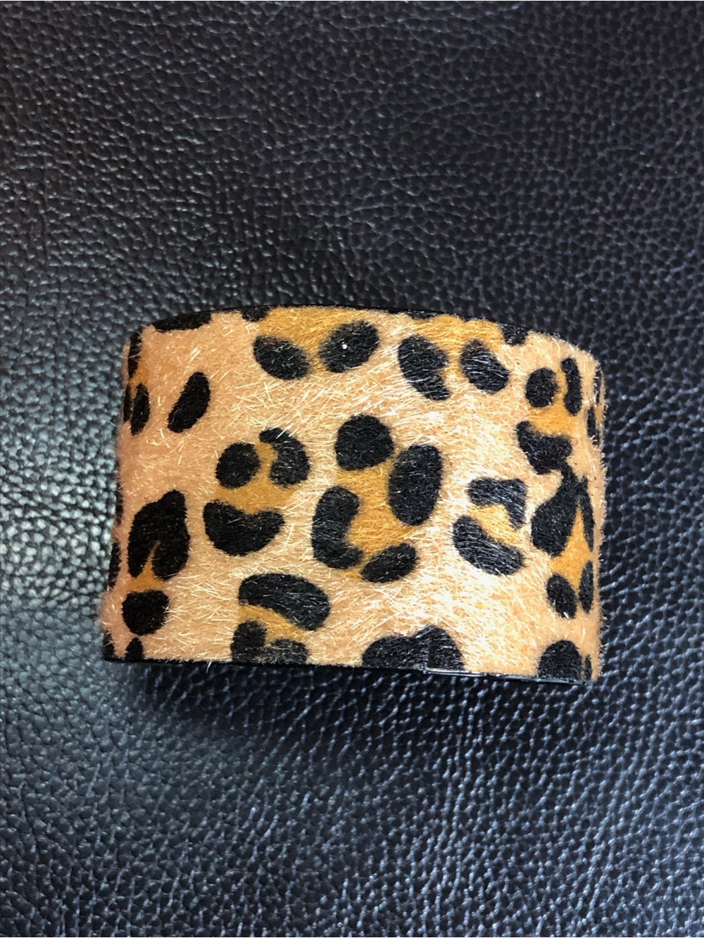 Leopard Print Faux Calfskin Fur Black Vegan Leather Wide Cuff Bracelet